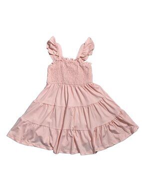 NWOT | Girl's Light Pink Smocked Ruffle Shoulder Tiered A-Line Sun Dress | 4Y